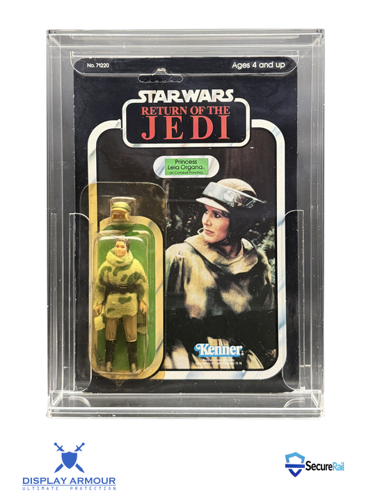 Star Wars regular bubble mint on card figure front view in acrylic display case.