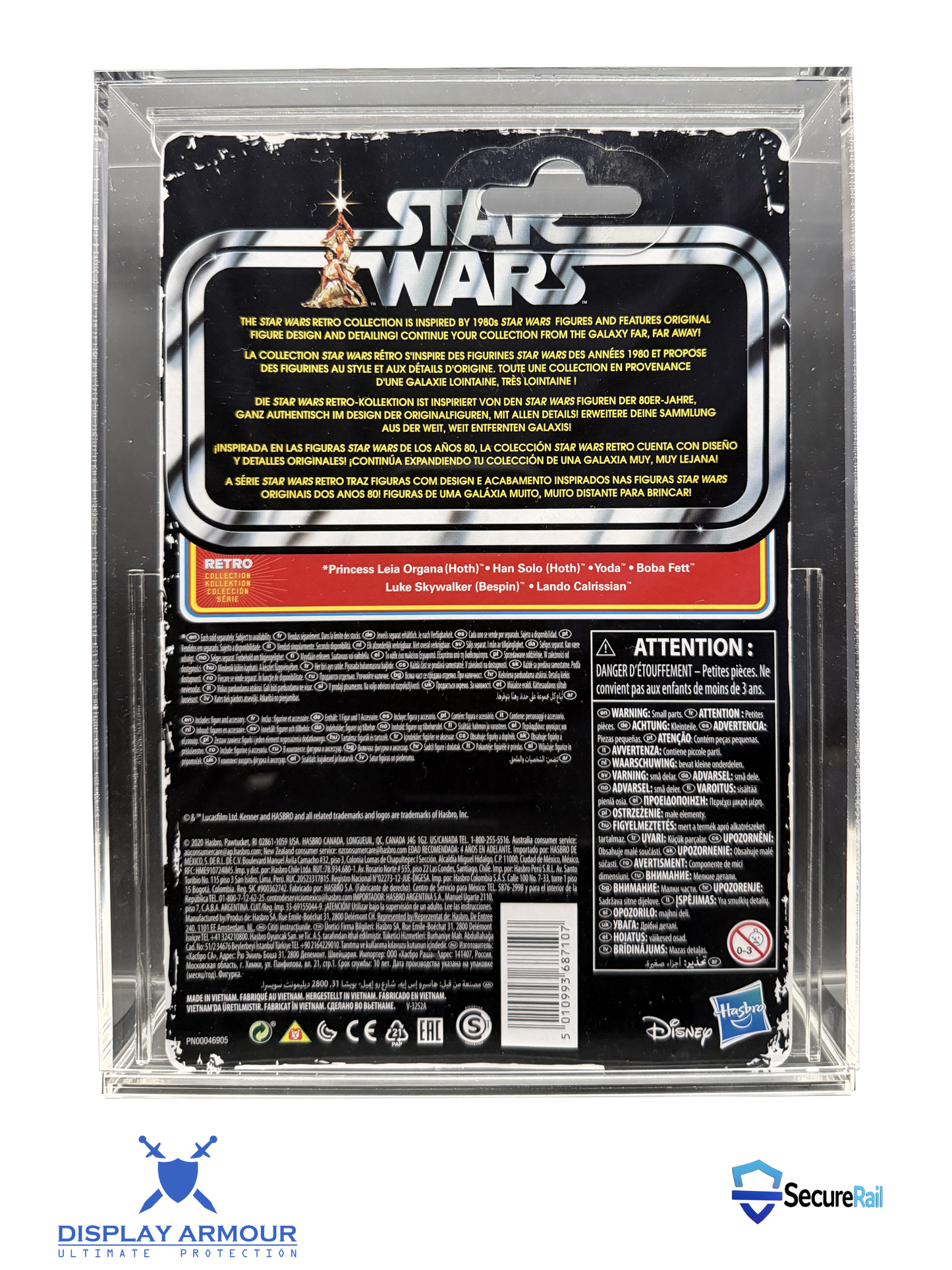 Star Wars Retro Collection mint on card figure rear cardback in acrylic display case.