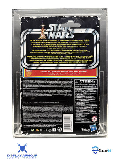 Star Wars Retro Collection mint on card figure rear cardback in acrylic display case.