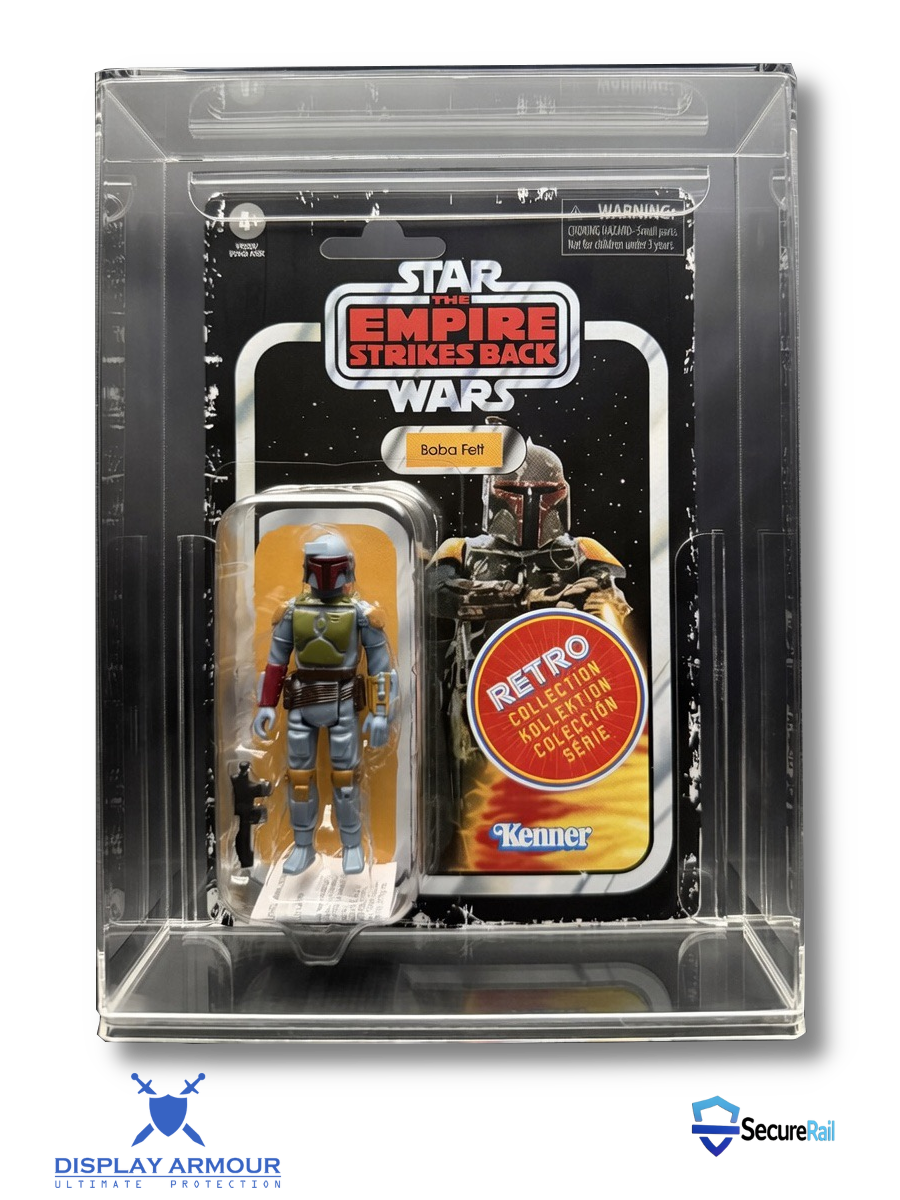 Star Wars Retro Collection mint on card figure front view in acrylic display case.