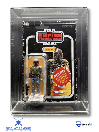 Star Wars Retro Collection mint on card figure front view in acrylic display case.
