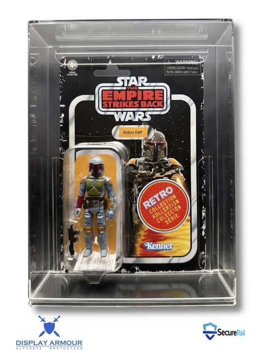 Star Wars Retro Collection mint on card figure front view in acrylic display case.