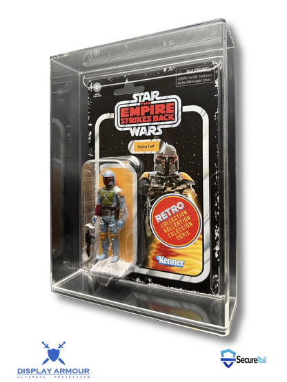 Star Wars Retro Collection mint on card figure side angle in acrylic display case.