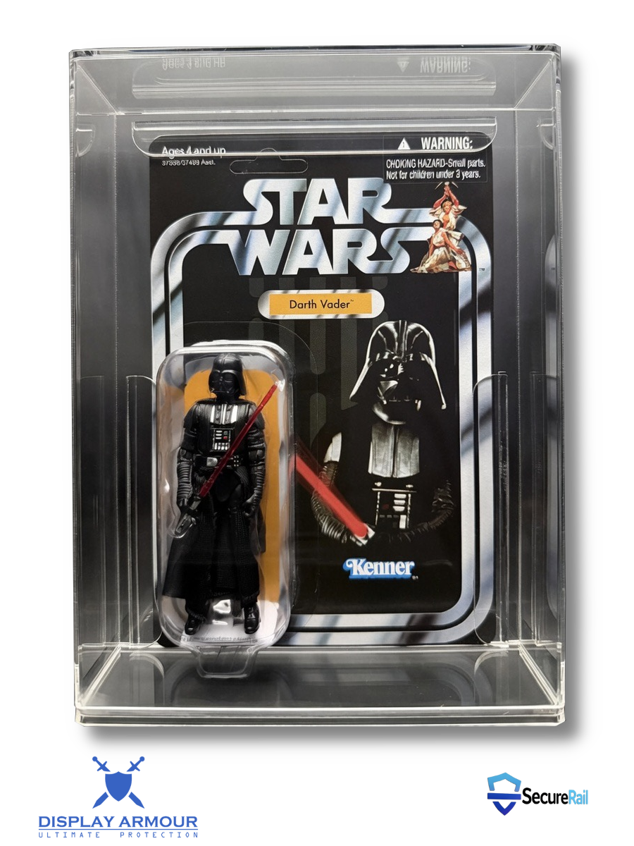 Star Wars The Vintage Collection mint on card figure front view in acrylic display case.