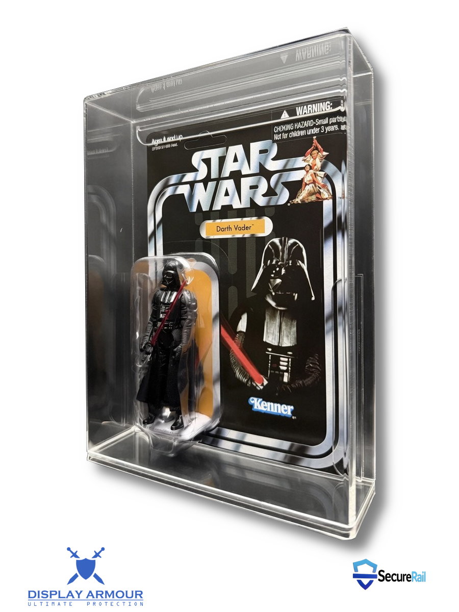 Side view of a Darth Vader carded figure inside a Display Armour acrylic case