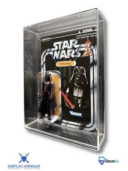 Star Wars The Vintage Collection mint on card figure side angle in acrylic display case.