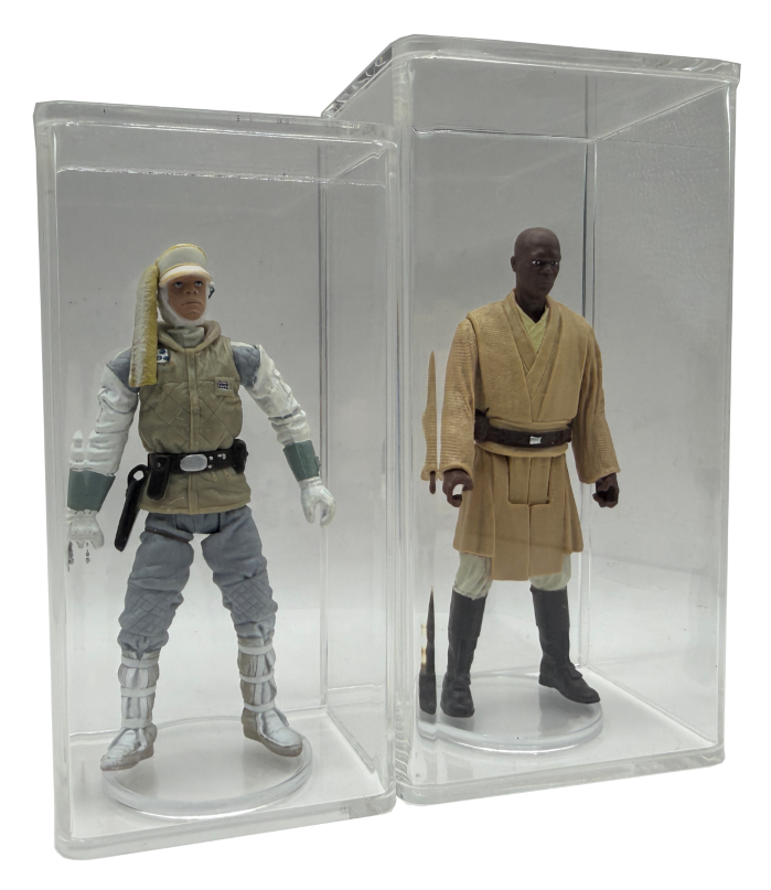 Two loose Star Wars action figures displayed in Display Armour acrylic cases