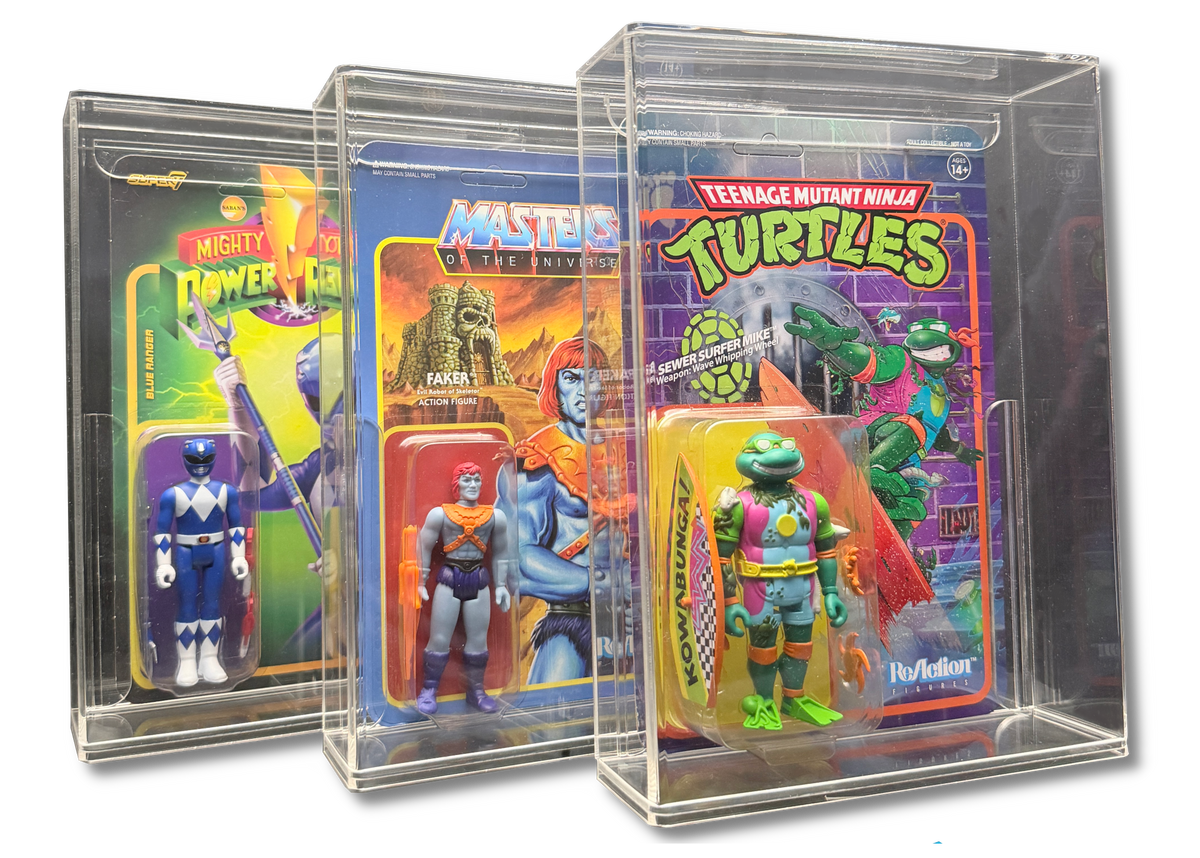 Mixed Super7 ReAction carded figures in Display Armour acrylic display cases