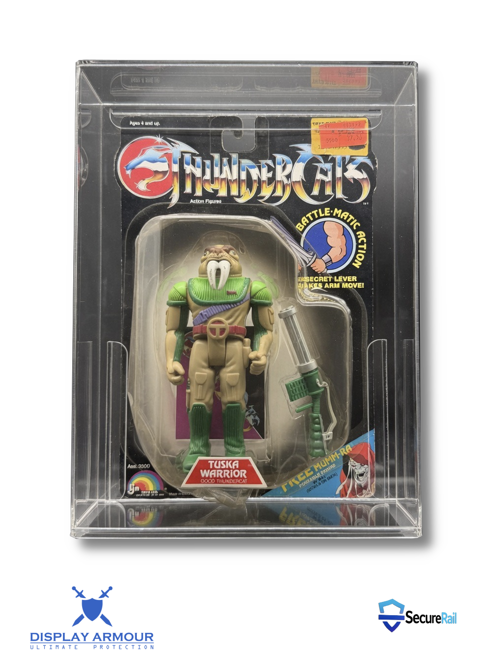 Display Armour SecureRail™ internal card support system inside a vintage LJN ThunderCats acrylic display case