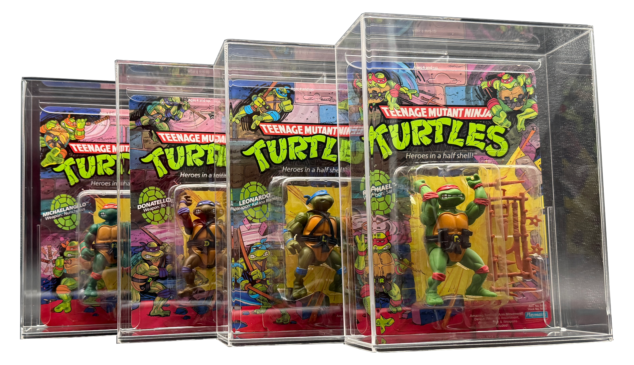 Teenage Mutant Ninja Turtles Playmates action figures displayed in Display Armour acrylic display cases