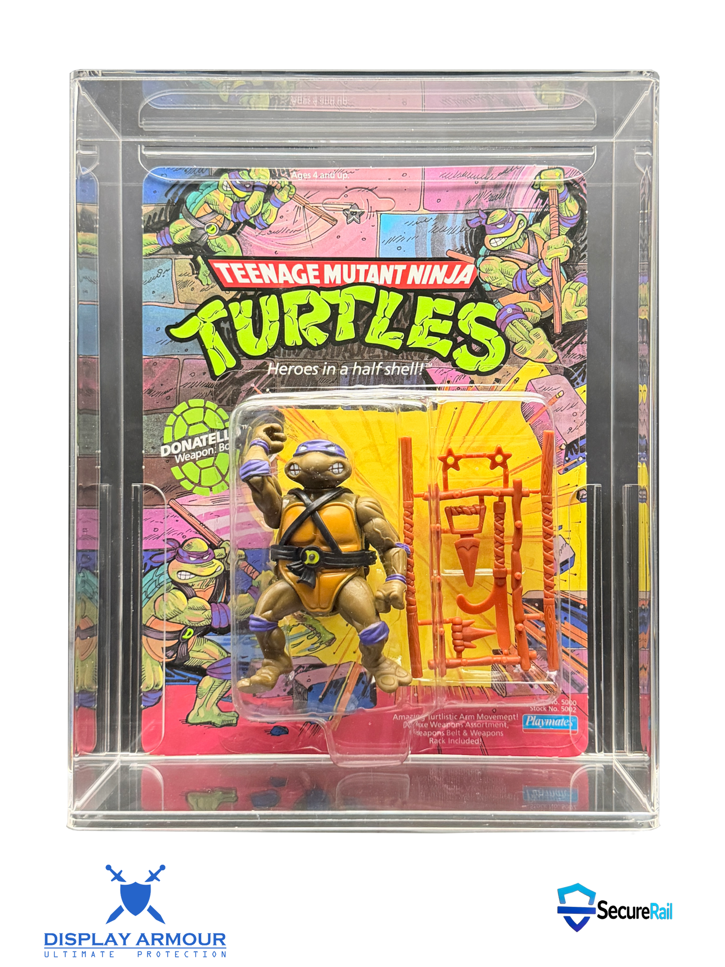 TMNT Donatello mint on card action figure in acrylic display case front view.