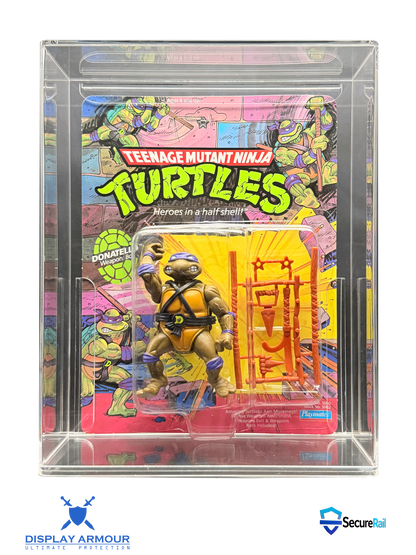 TMNT Donatello mint on card action figure in acrylic display case front view.