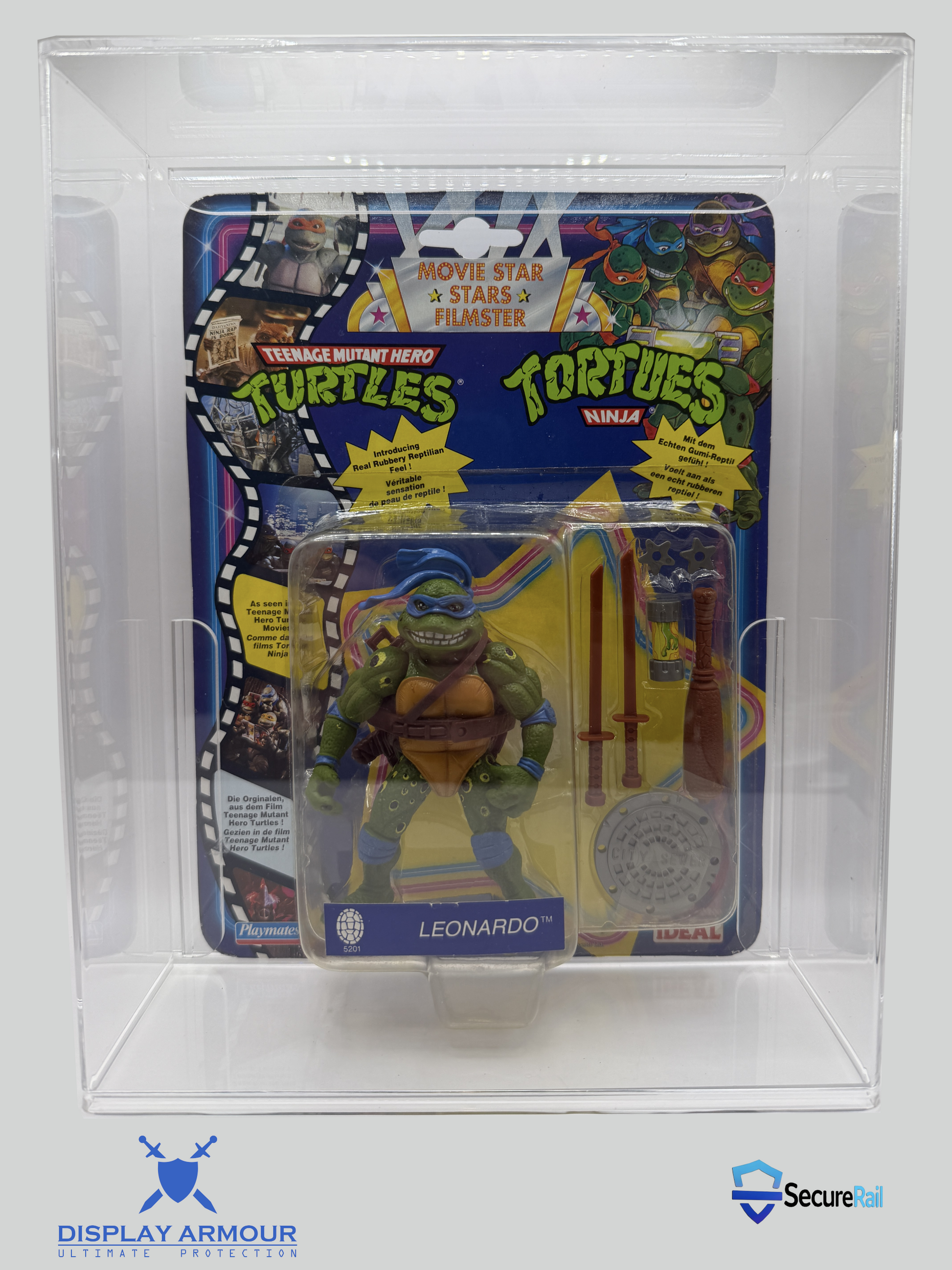 Vintage Teenage Mutant Ninja Turtles Leonardo figure in packaging on a white background