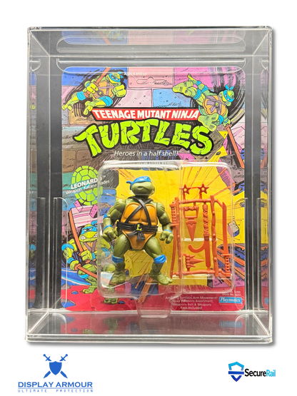 TMNT Leonardo mint on card action figure in acrylic display case front view.