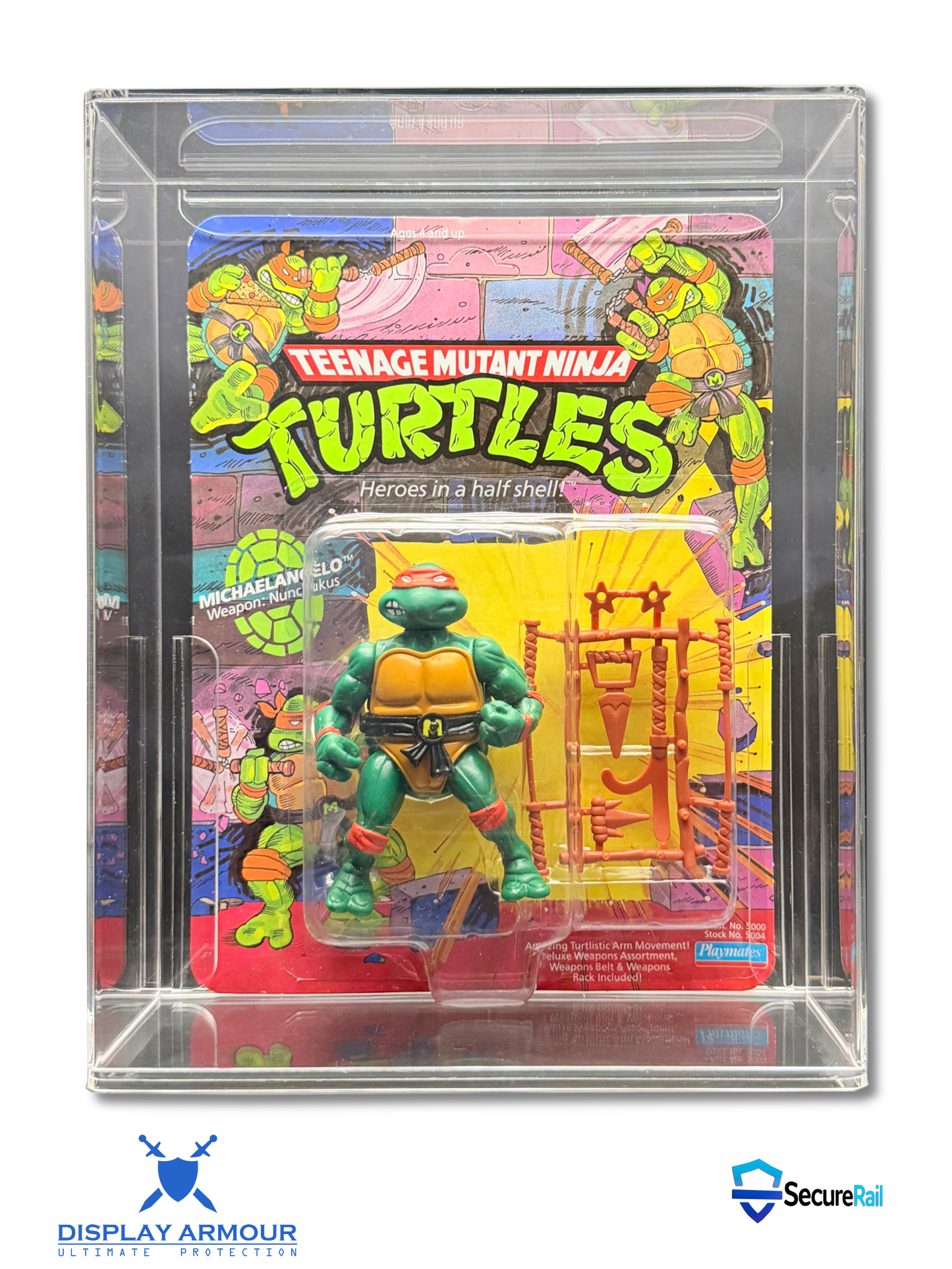 TMNT Michelangelo mint on card action figure in acrylic display case front view.
