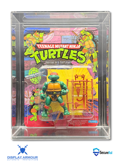 TMNT Michelangelo mint on card action figure in acrylic display case front view.