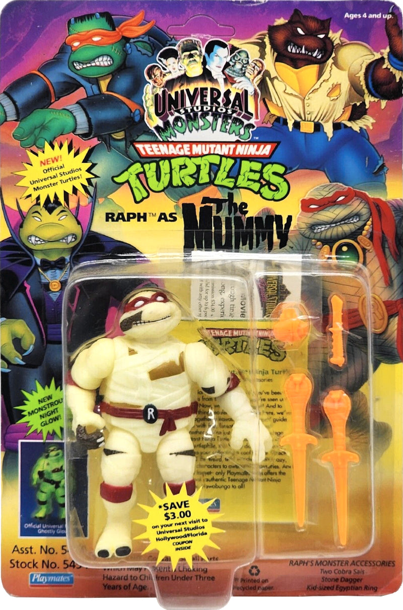 Action figure packaging of Raphael as the Mummy from Teenage Mutant Ninja Turtles with Universal Monsters branding.