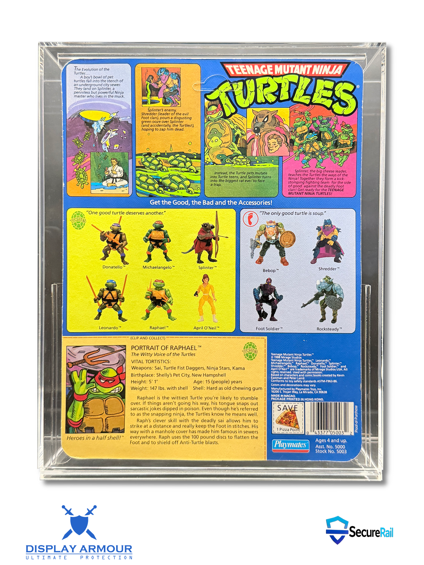 TMNT Raphael mint on card figure rear cardback in acrylic display case by Display Armour.