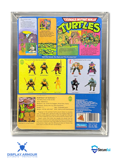TMNT Raphael mint on card figure rear cardback in acrylic display case by Display Armour.