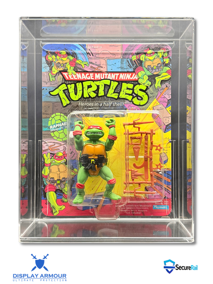 TMNT Raphael mint on card action figure in acrylic display case front view.