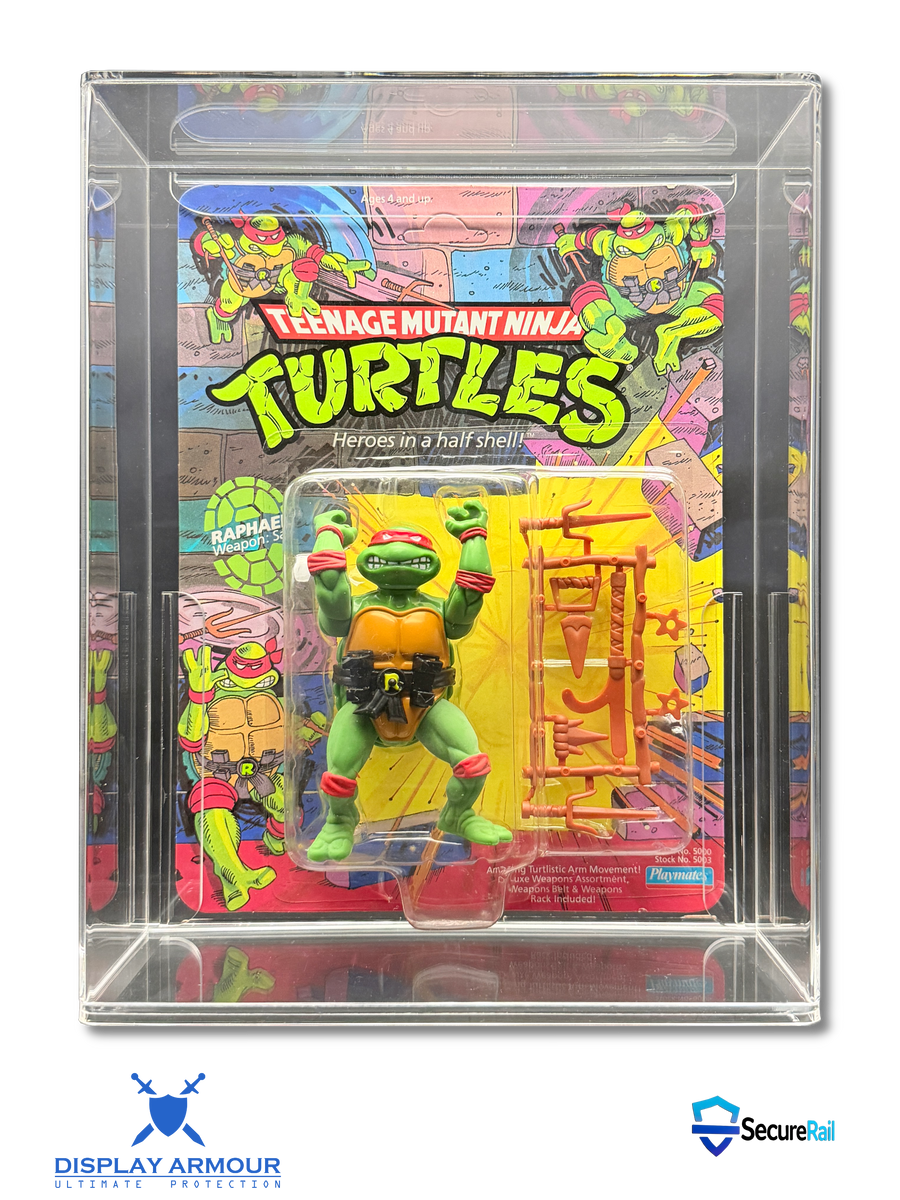 TMNT Raphael mint on card action figure in acrylic display case front view.