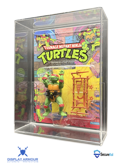 TMNT Raphael mint on card figure in acrylic display case side angle view.