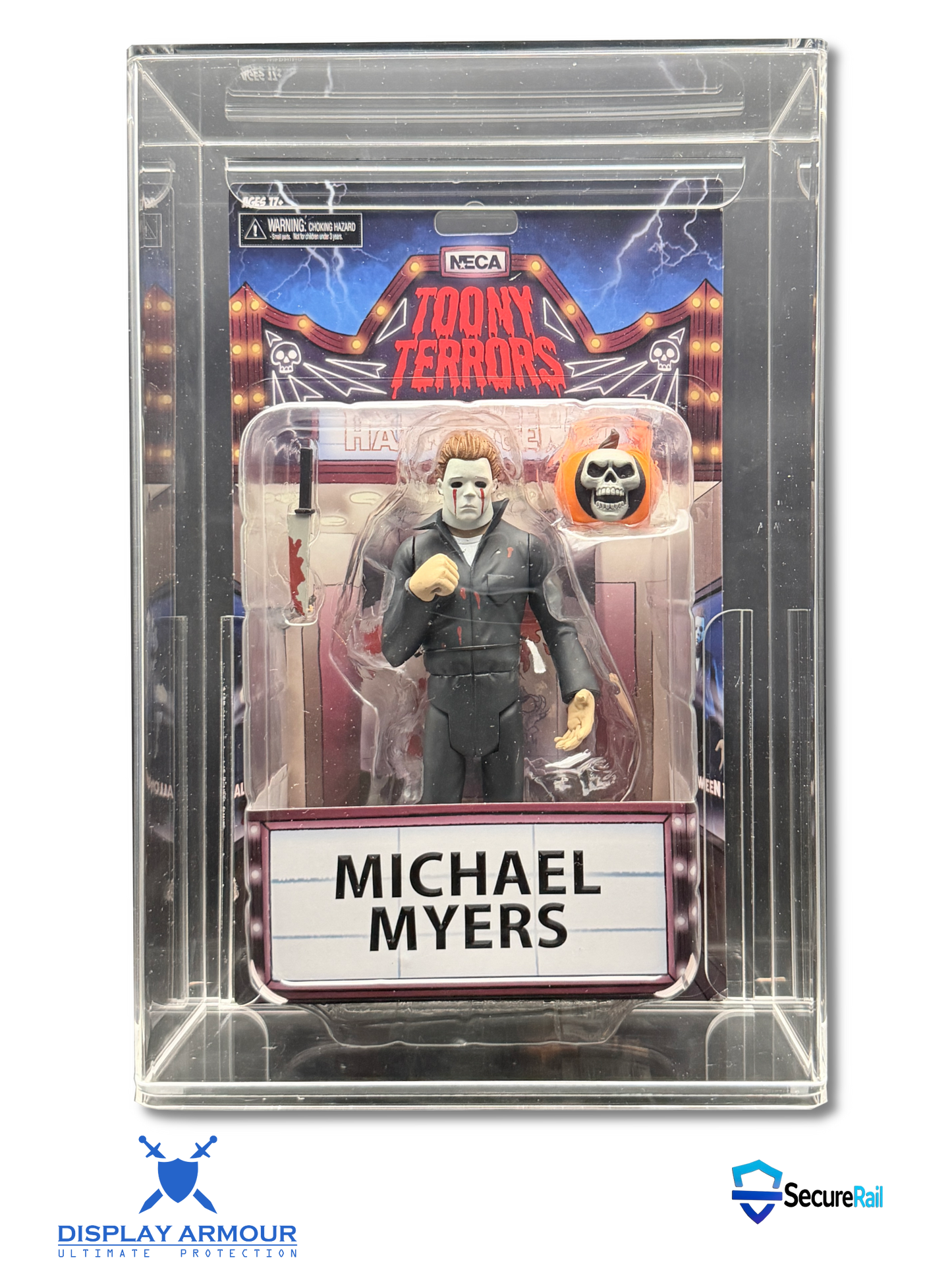Michael Myers action figure in a clear display case with 'Toony Terrors' branding.