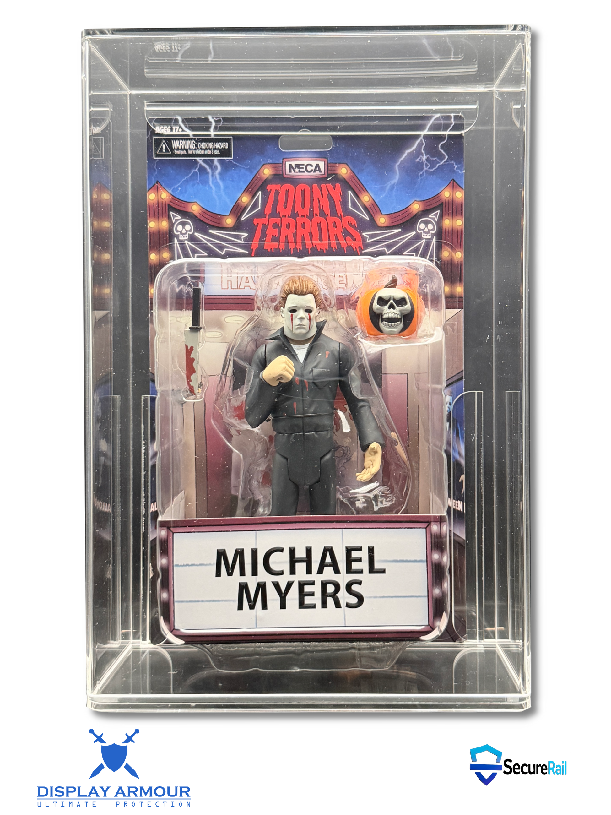 Michael Myers action figure in a clear display case with 'Toony Terrors' branding.