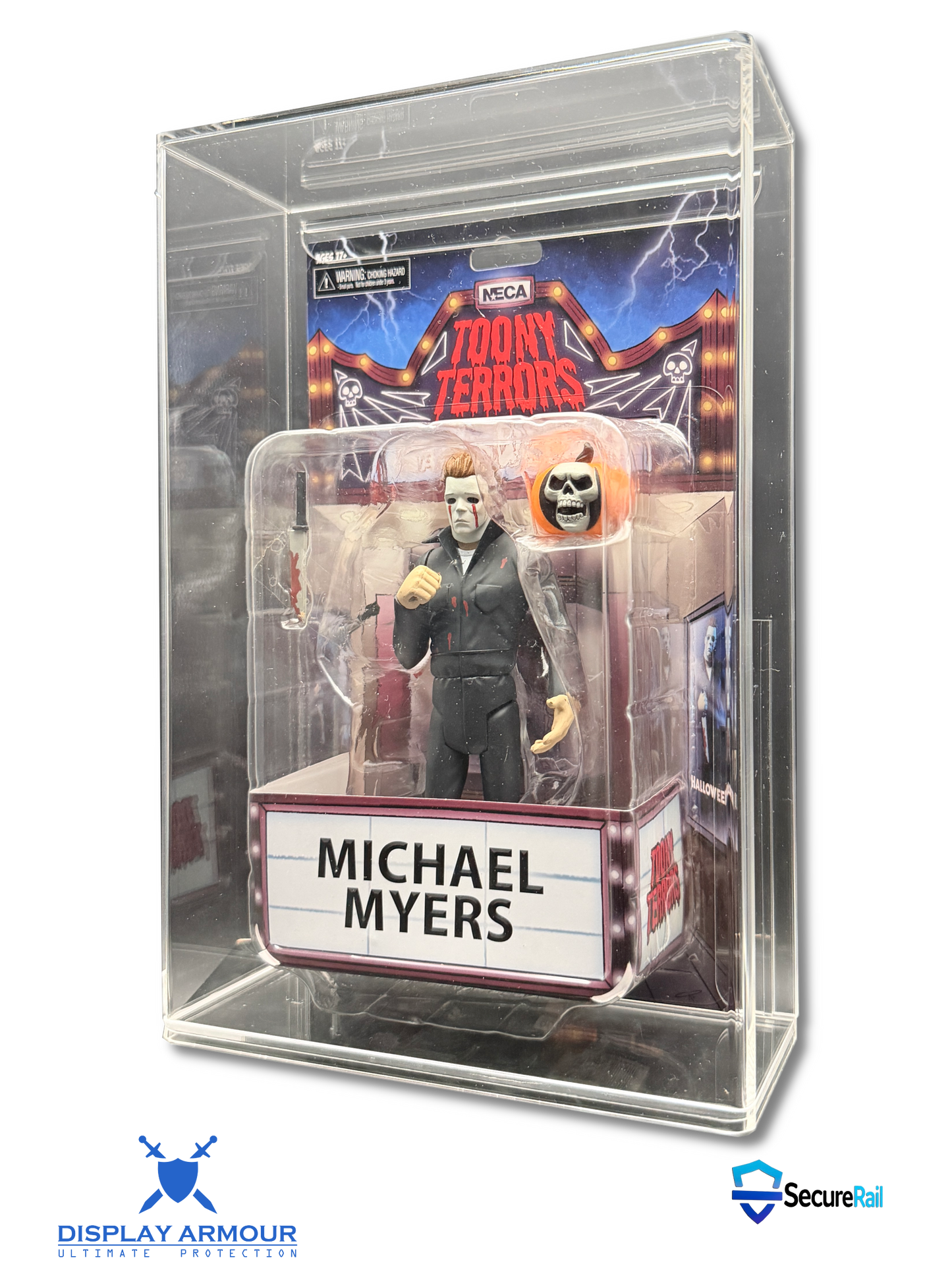 Michael Myers action figure in a clear display case with 'Horrors' backdrop