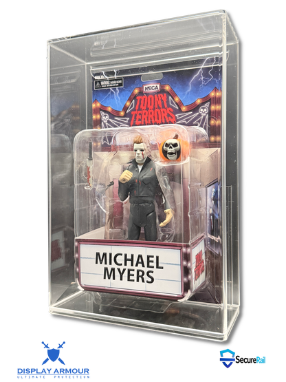 Michael Myers action figure in a clear display case with 'Horrors' backdrop