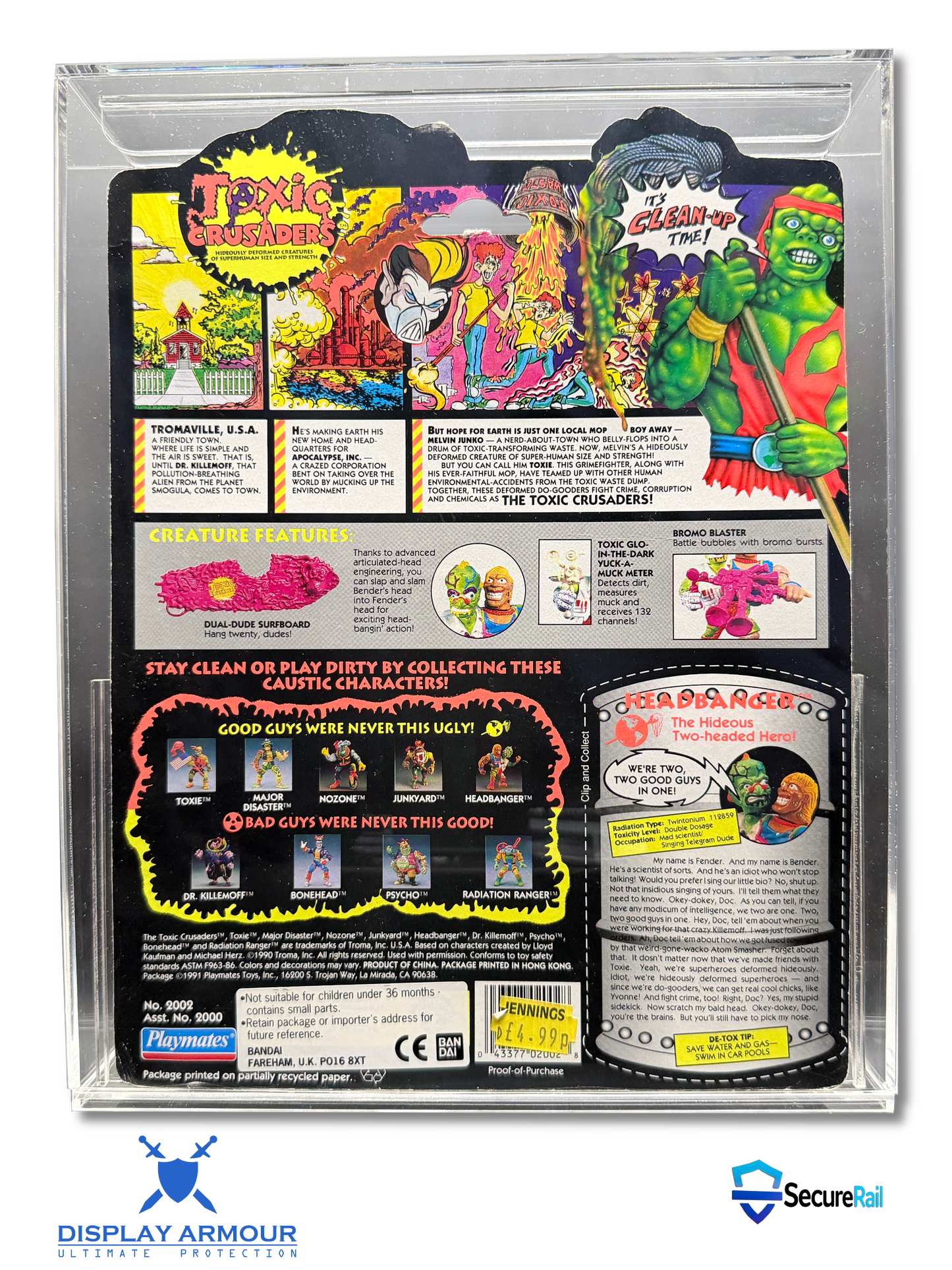 Toxic Crusaders mint on card figure rear cardback in acrylic display case.