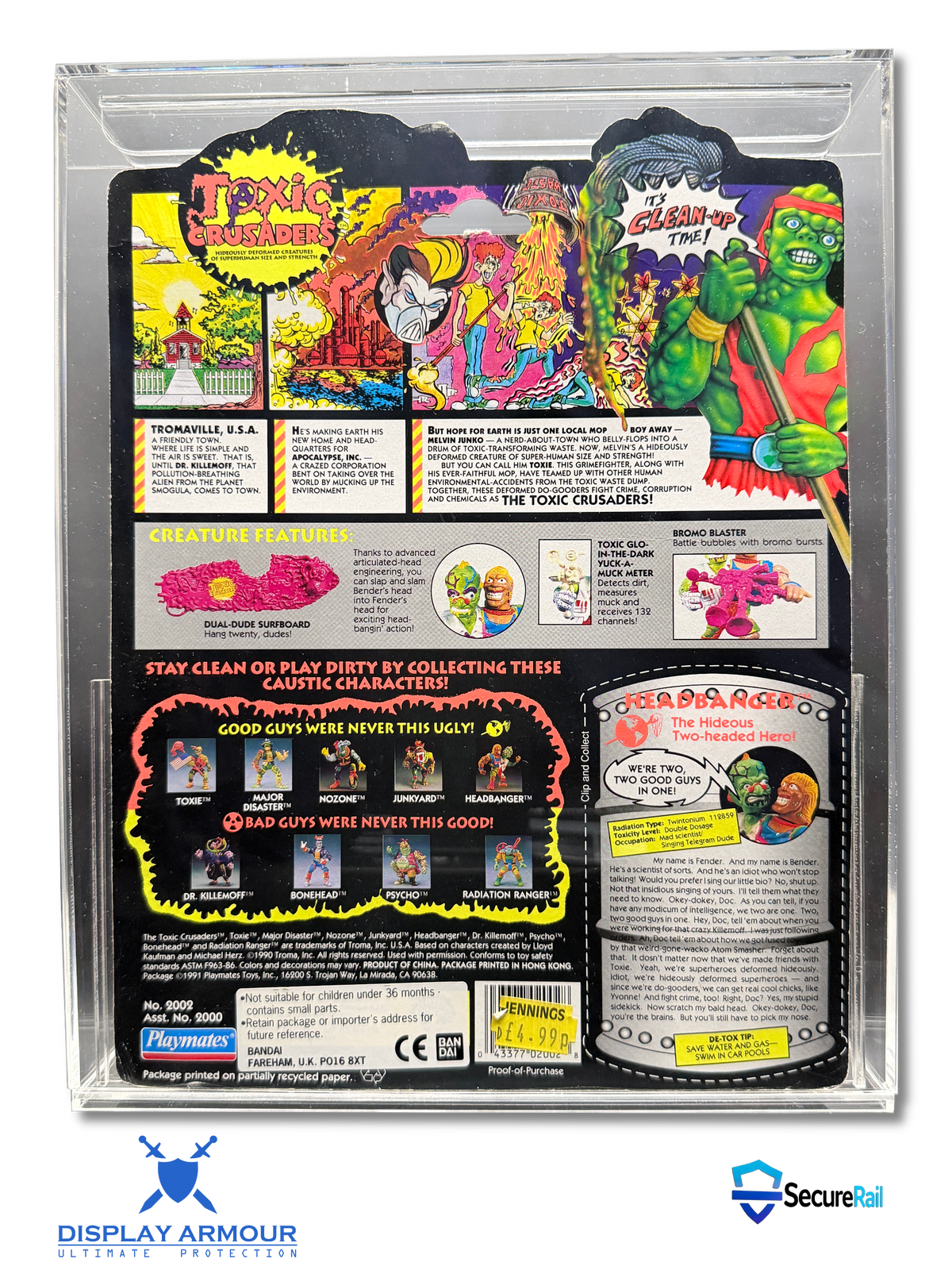 Toxic Crusaders mint on card figure rear cardback in acrylic display case.