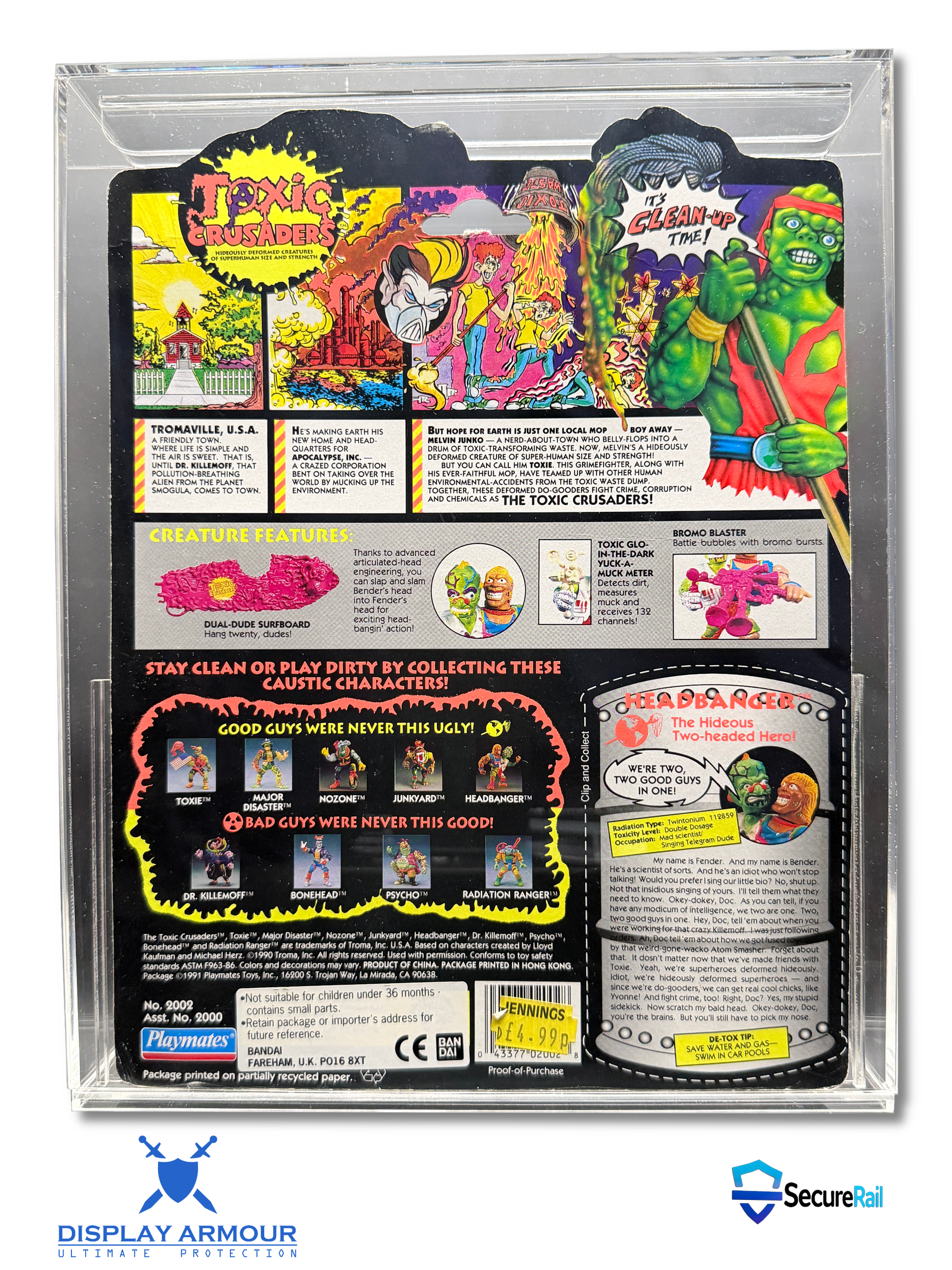Toxic Crusaders mint on card figure rear cardback in acrylic display case.