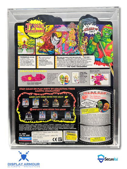 Toxic Crusaders mint on card figure rear cardback in acrylic display case.