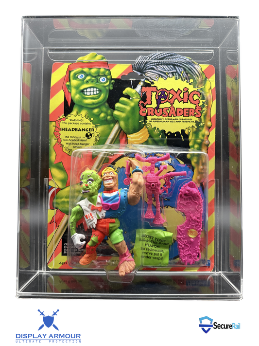 Toy figure in packaging with 'Toxic Crusaders' branding, displayed in a clear case.