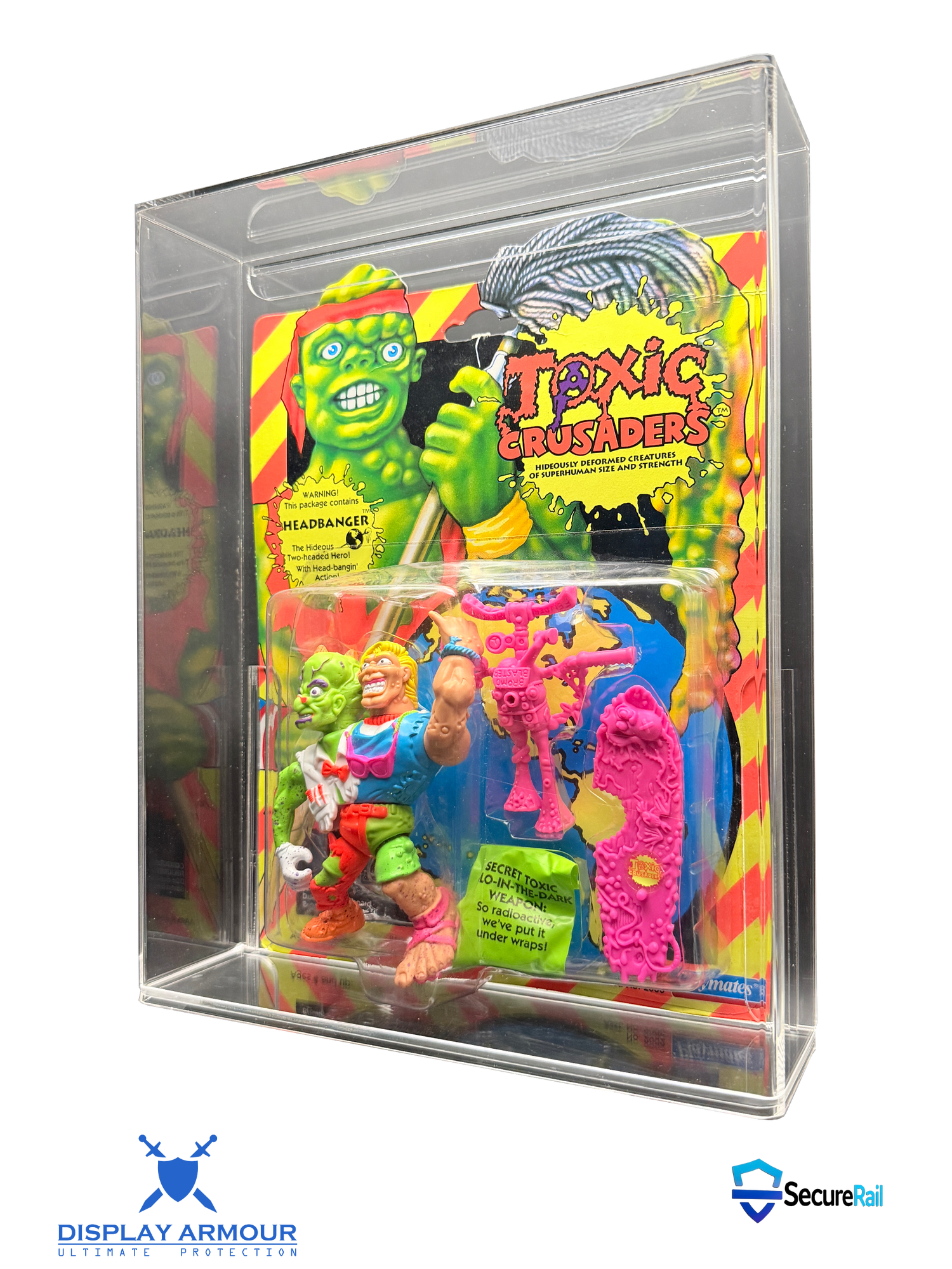 Toxic Crusaders mint on card figure side angle in acrylic display case.