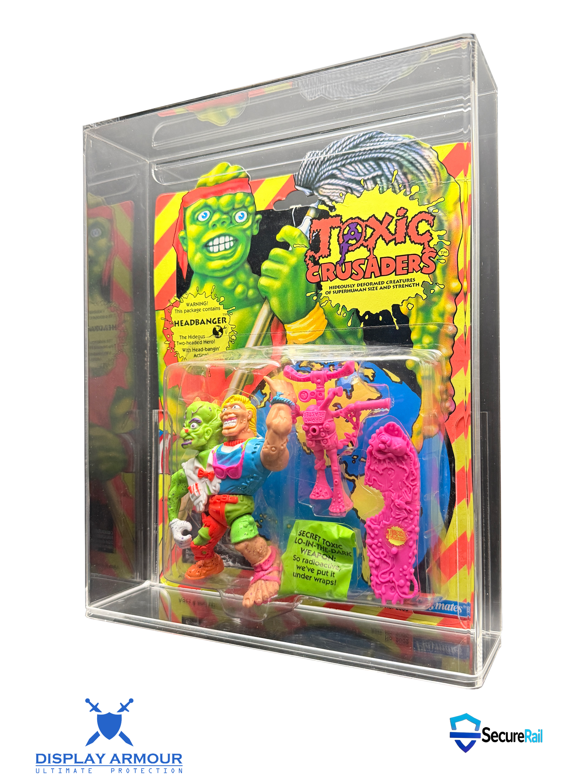 Toxic Crusaders mint on card figure side angle in acrylic display case.