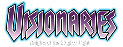 Logo of 'Visionaries: Knights of the Magical Light' with a gradient purple and blue color scheme.