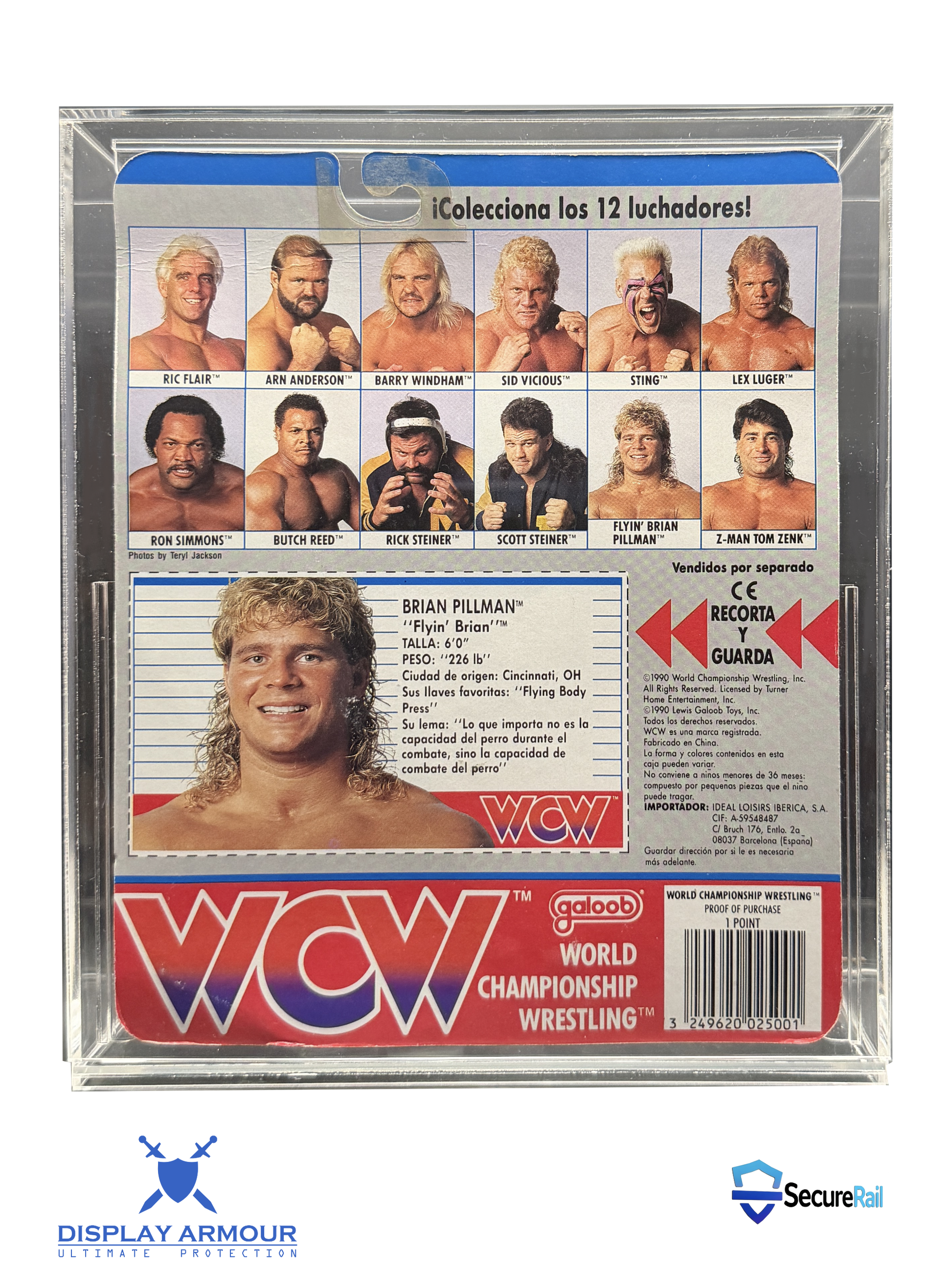 WCW Galoob deep bubble acrylic display case rear view showing cardback artwork.