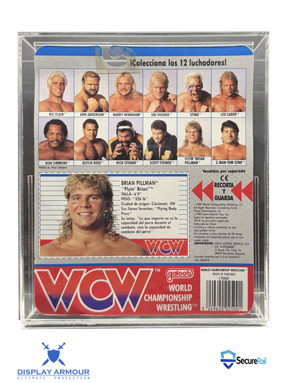 WCW Galoob deep bubble acrylic display case rear view showing cardback artwork.