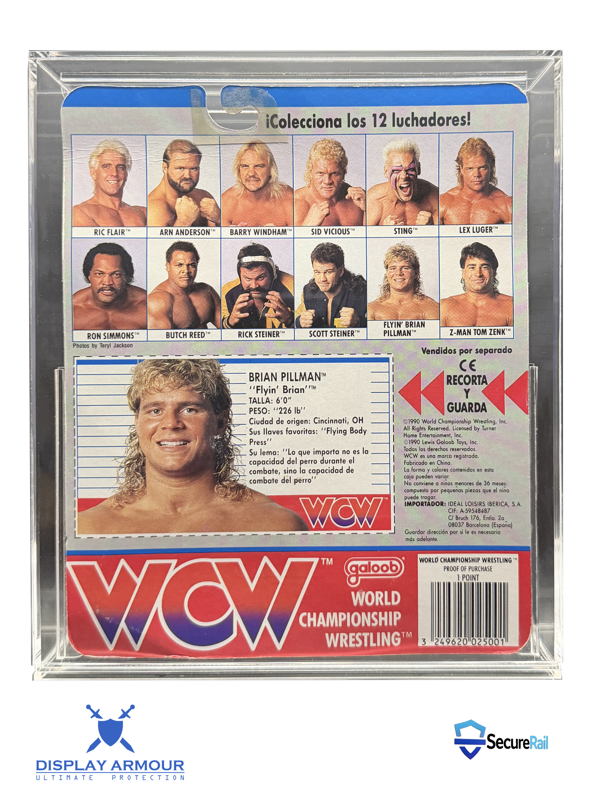 WCW Galoob mint on card wrestling figure rear cardback in acrylic display case.