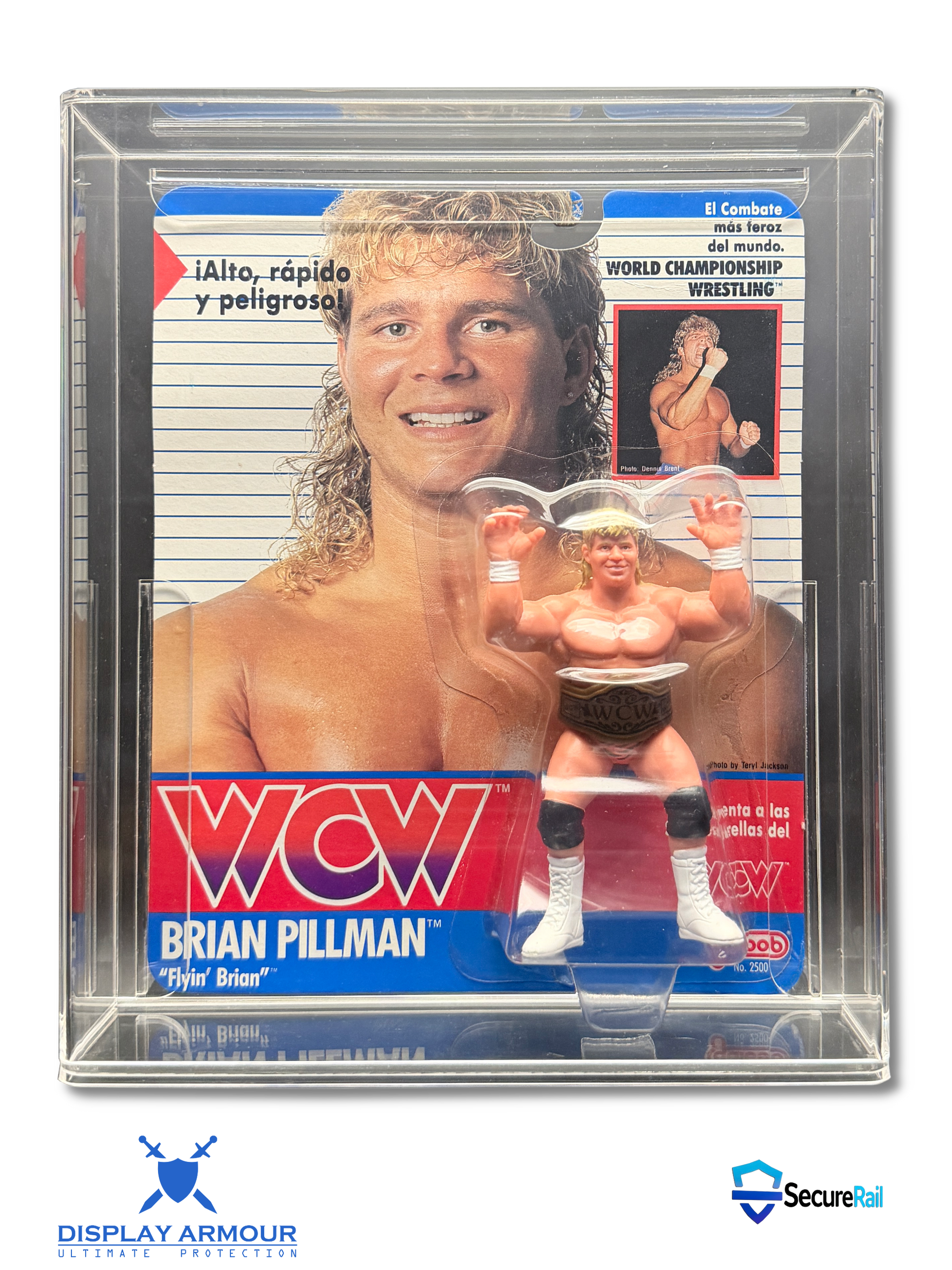 WCW Galoob mint on card wrestling figure in acrylic display case front view.