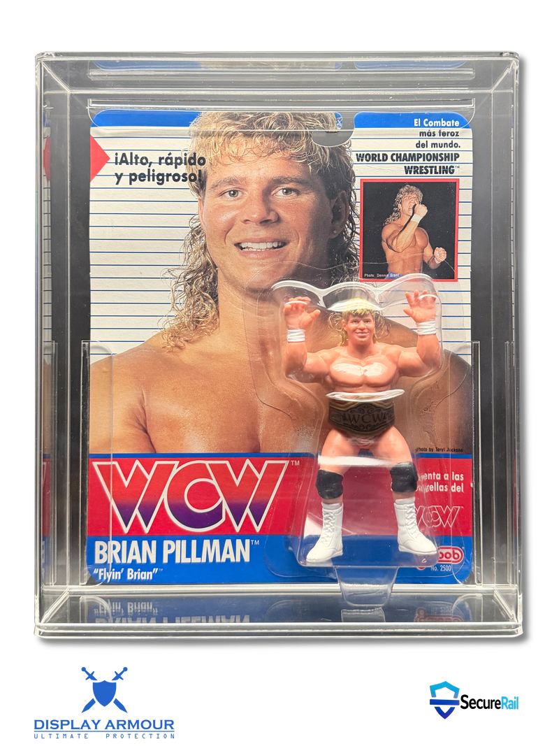 WCW Galoob mint on card wrestling figure in acrylic display case front view.
