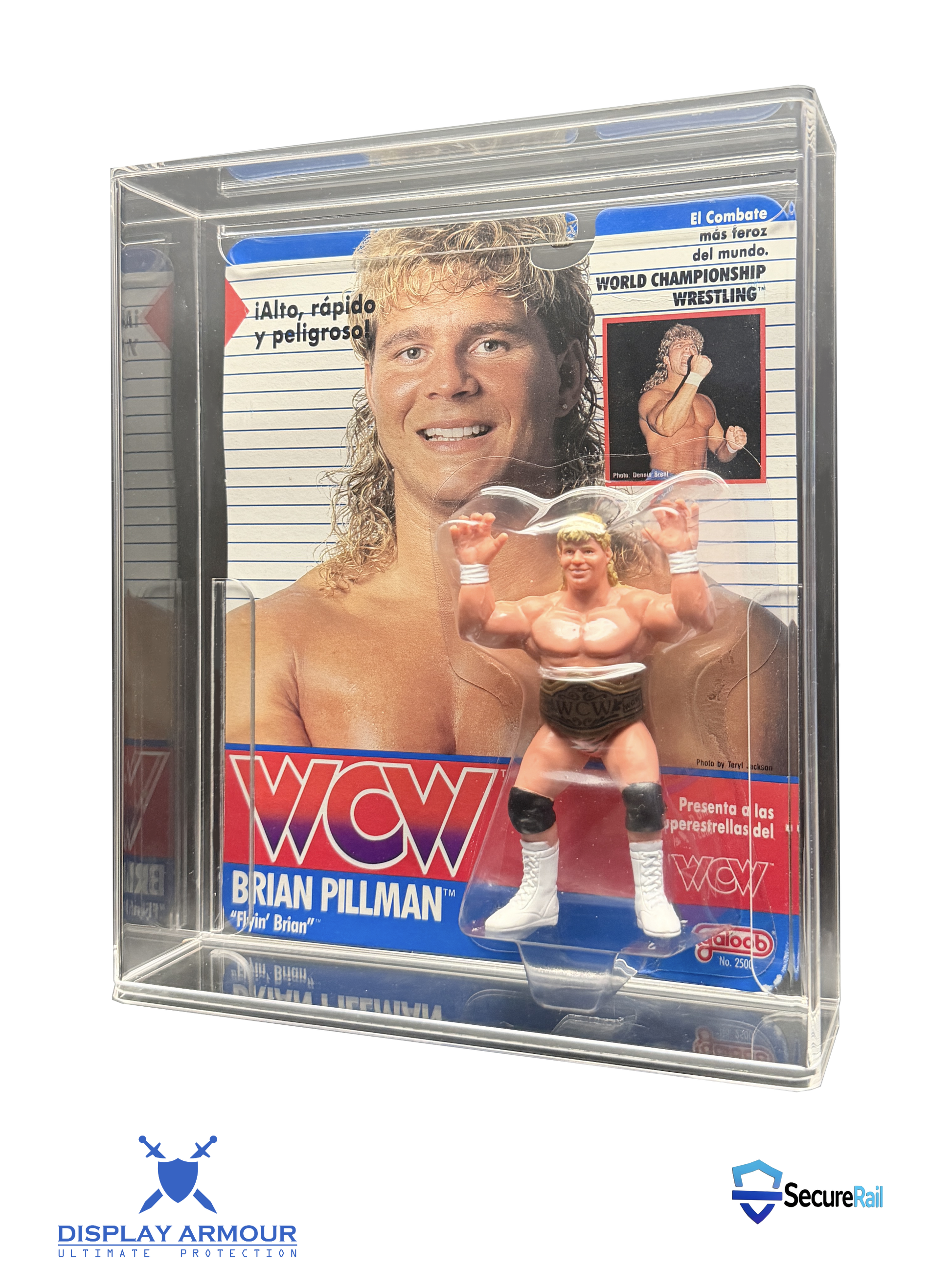 WCW Galoob mint on card wrestling figure in acrylic display case side angle view.
