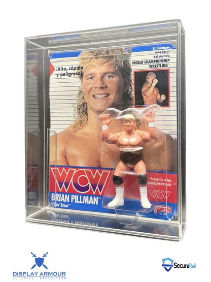 WCW Galoob mint on card wrestling figure in acrylic display case side angle view.