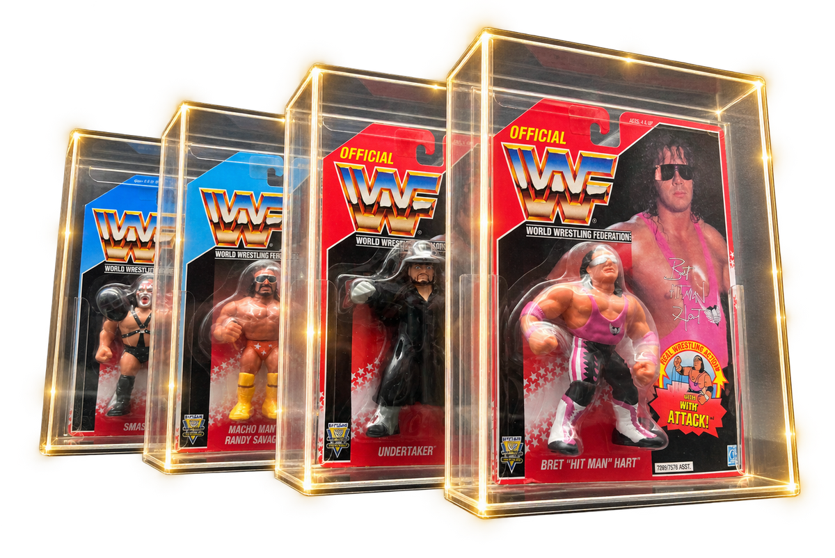 Illuminated Display Armour cases protecting vintage WWF Hasbro figures