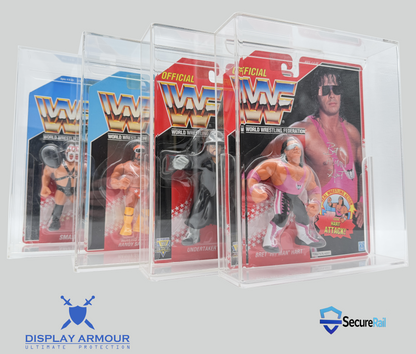 WWF Hasbro 1990–1994 mint on card action figures displayed in UV protective acrylic display cases by Display Armour
