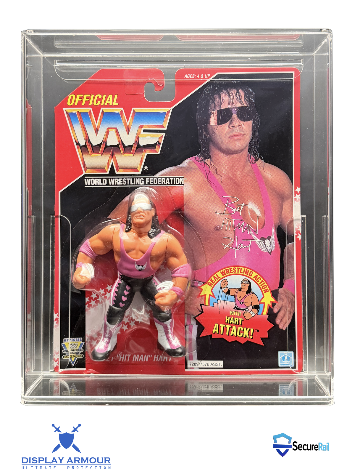 WWF Hasbro Single MOC acrylic display case protecting a Bret Hart 1990–1994 WWF Hasbro mint-on-card action figure
