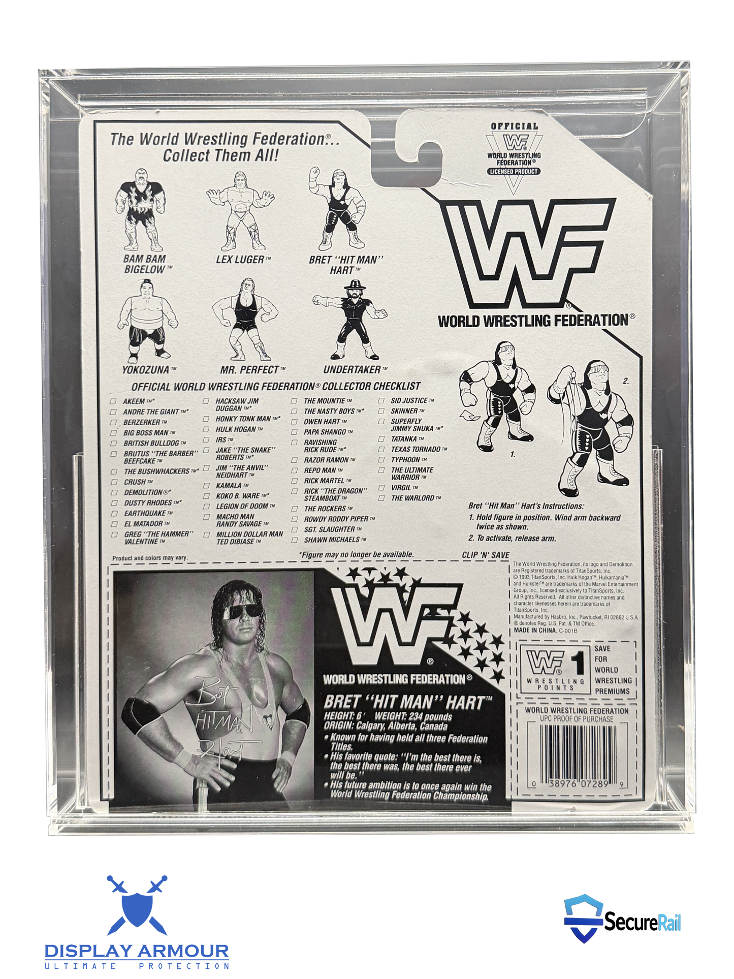 WWF Hasbro Bret Hart mint on card figure rear cardback in acrylic display case.