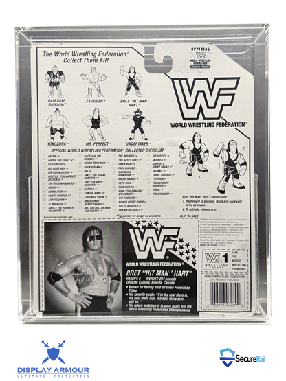 WWF Hasbro Bret Hart mint on card figure rear cardback in acrylic display case.